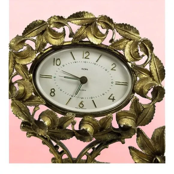 German Ormolu Table Alarm Clock Rare "Florn" Wind Up 24k Gold Gilt Ornate Crest - Picture 9 of 11